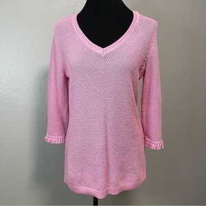 Talbots Pink Knit Vneck Tassled Quarter Sleeve Womens Sweater Small